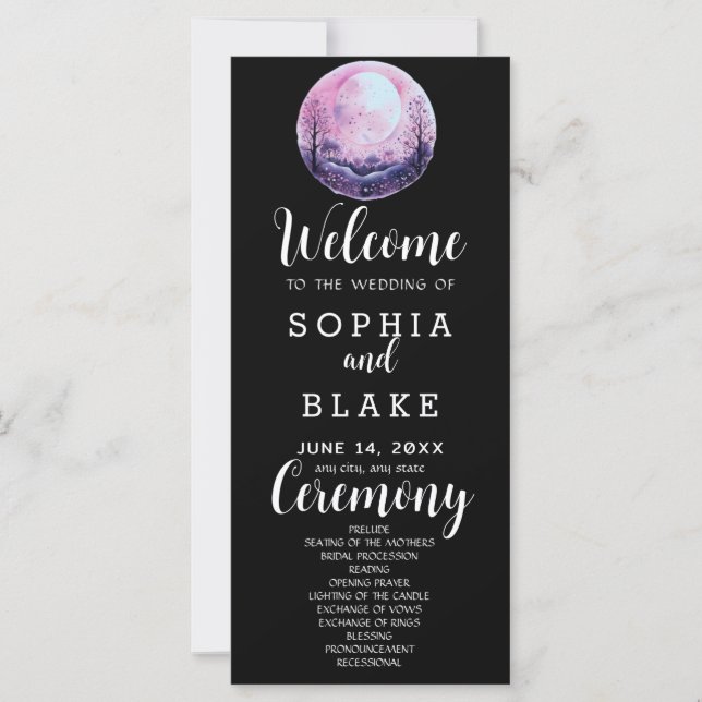 Boho Pink & White Full Moon Black Wedding Program (Front)