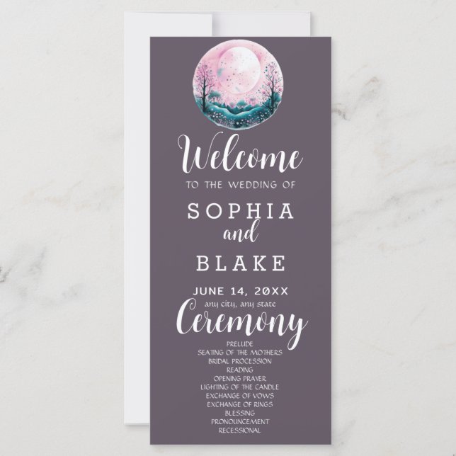 Boho Pink & White Full Moon Gray Wedding Program (Front)
