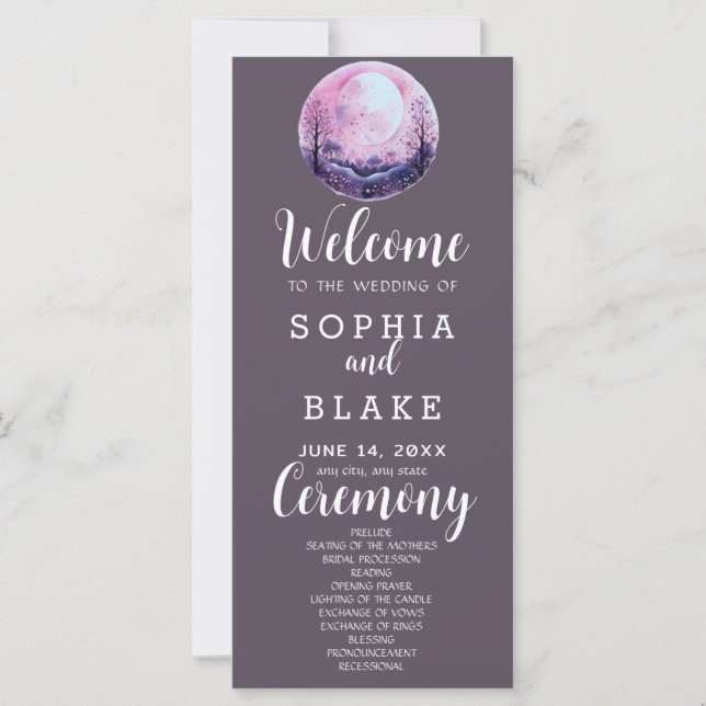 Boho Pink & White Full Moon Gray Wedding Program (Front)
