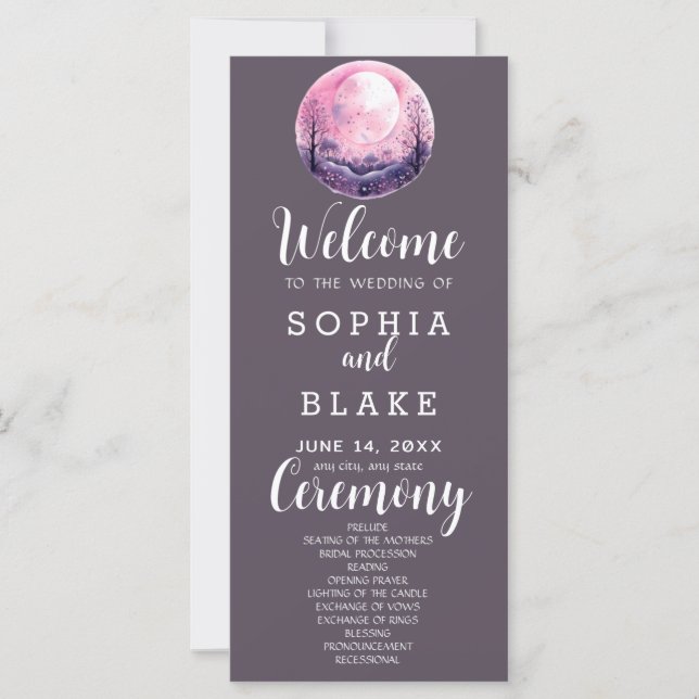 Boho Pink & White Full Moon Gray Wedding Program (Front)