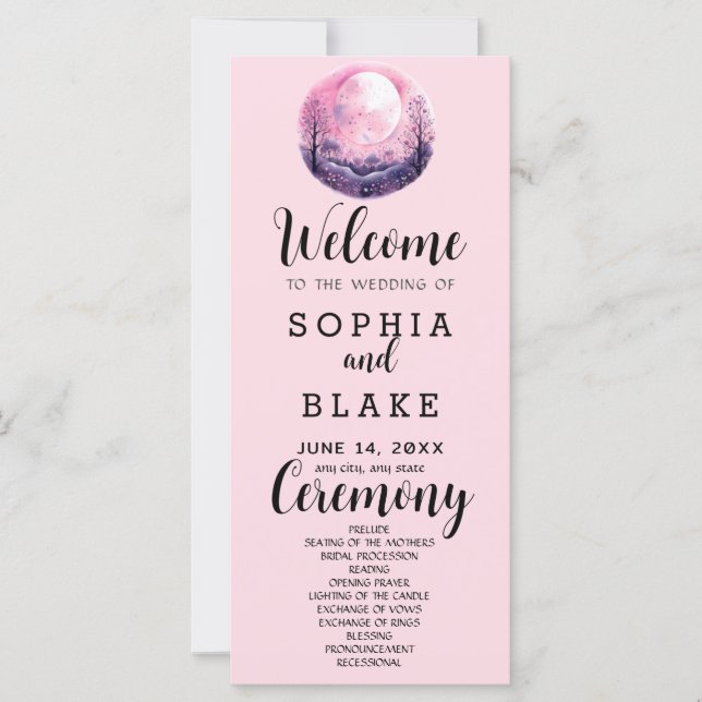 Boho Pink & White Full Moon Pink Wedding Program (Front)