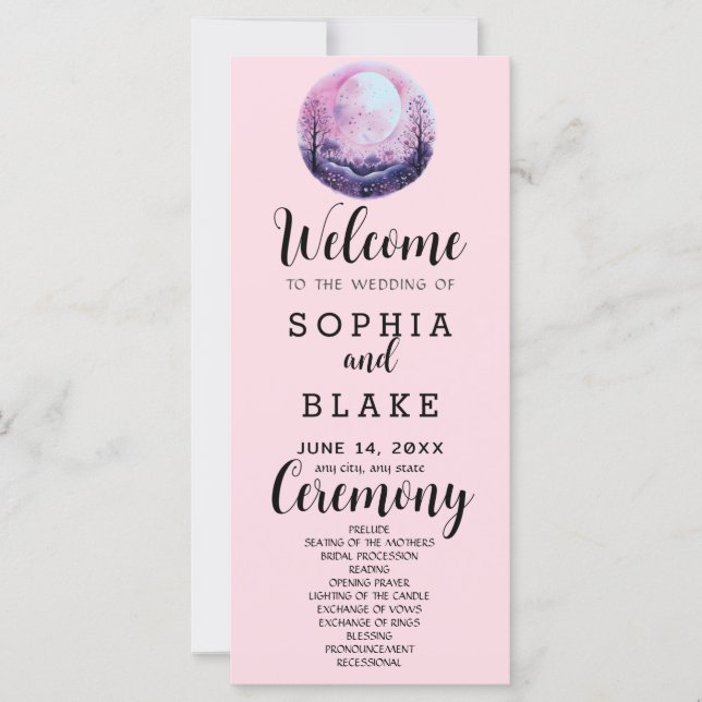 Boho Pink & White Full Moon Pink Wedding Program (Front)