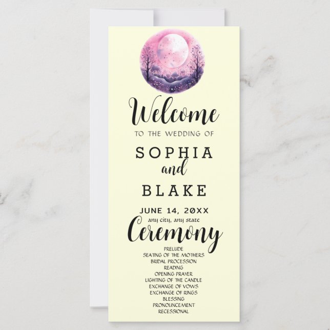 Boho Pink & White Full Moon Yellow Wedding Program (Front)