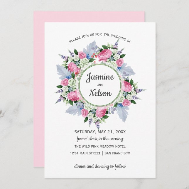 Boho  Pink White Lavender Flowers frame Wedding Invitation (Front/Back)