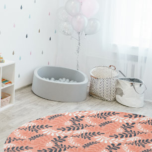 Boho Pink White Navy Greenery Leaves Baby Nursery  Rug