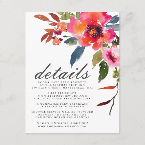 Boho Pink Wildflower Wedding Guest Information Enclosure Card