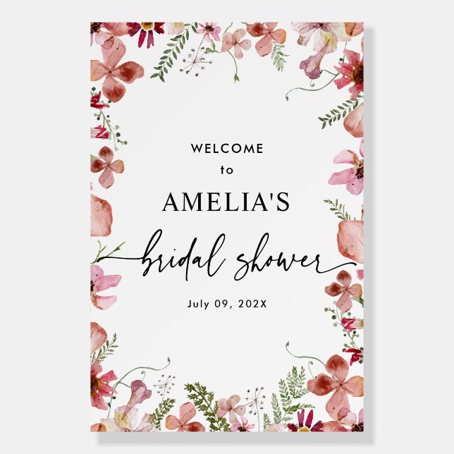Boho Pink Wildflowers Baby Shower Welcome Signs (Front)