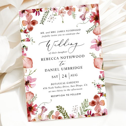 Boho Pink Wildflowers Elegant Wedding Invitation