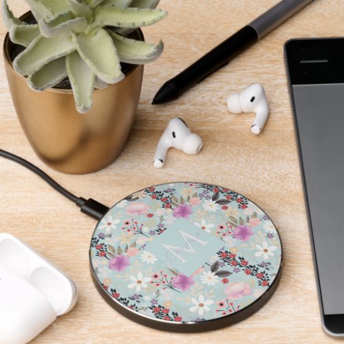  Boho Pink Wildflowers Floral Skylight Painting Wireless Charger