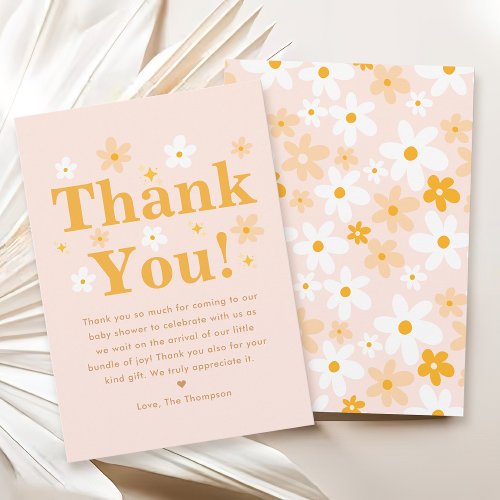 Boho Pink Yelllow Daisy Spring Baby Girl Shower Thank You Card