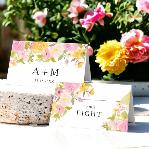 Boho pink yellow floral watercolor Wedding Place Card