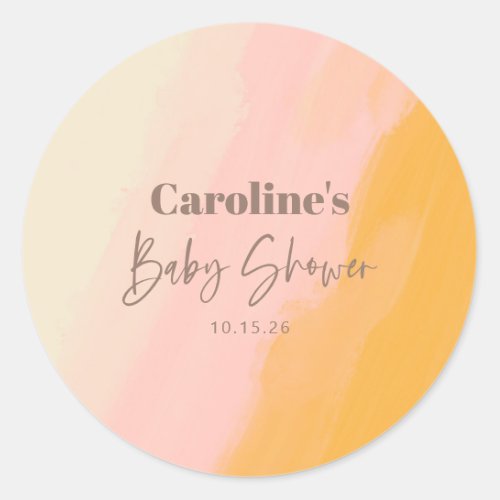 Boho Pink Yellow Script Custom Baby Shower  Classic Round Sticker