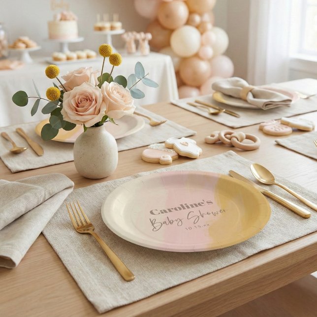 Boho Pink Yellow Script Custom Baby Shower   Paper Plates (Creator Uploaded)