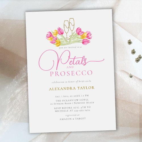 Boho Pink Yellow Tulip Gold Petals Prosecco Bridal Invitation
