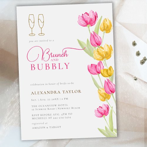 Boho Pink Yellow Tulips Gold Brunch Bubbly Bridal Invitation