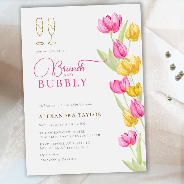 Boho Pink Yellow Tulips Gold Brunch Bubbly Bridal Invitation (Creator Uploaded)