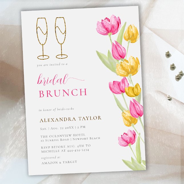 Boho Pink Yellow Tulips Gold Flutes Bridal Brunch Invitation (Creator Uploaded)