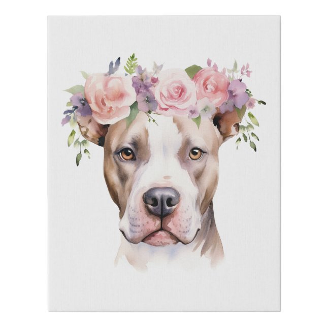 Boho Pit Bull Flower Crown Watercolor Faux Canvas Print (Front)