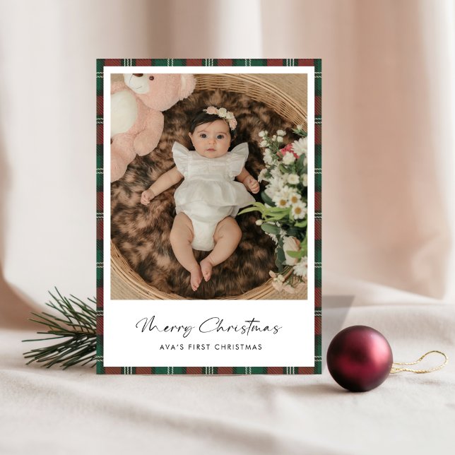 Boho Plaid Baby’s First Christmas Photo Card (Creator Uploaded)