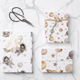 Boho planets, stars and space wrapping paper sheets