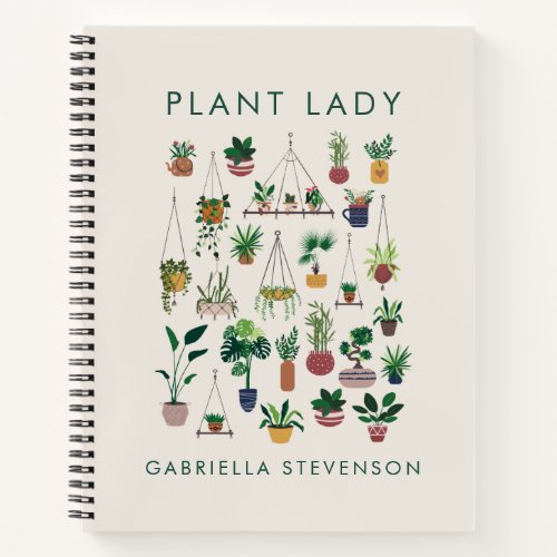 Boho Plant Lady Illustration Art Personalized Name Notebook