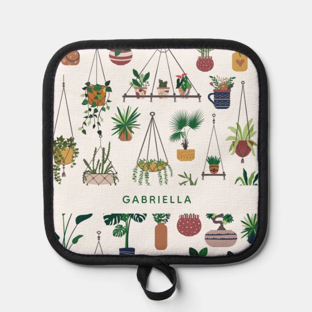 Boho Plant Lady Illustration Art Personalized Pot Holder (Front)