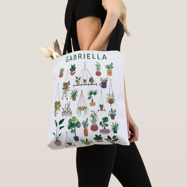 Boho Plant Lady Illustration Art Personalized Tote Bag (Close Up)