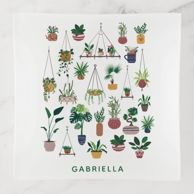 Boho Plant Lady Illustration Art Personalized Trinket Tray (Front)