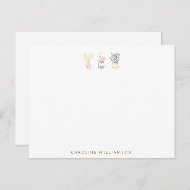 Boho Plant Line Art Illustration Personalized Flat Note Card (Front/Back)