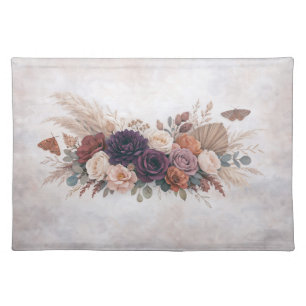 Boho Plum Blush Floral Bouquet Moths Cloth Placemat