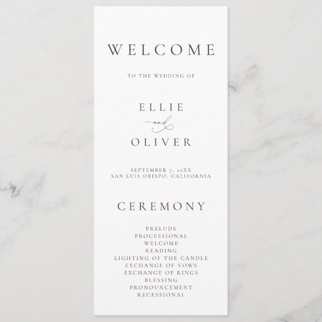 Boho Plum Purple Elegant Minimalist Wedding Program (Front)