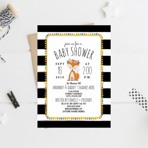 Boho Pom Poms  Stripes Fox Baby Shower Invitation