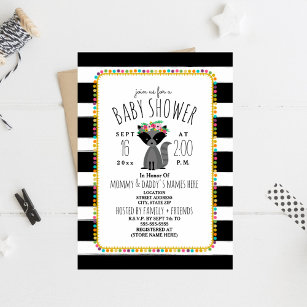 Boho Pom Poms + Stripes Raccoon Baby Shower Invitation
