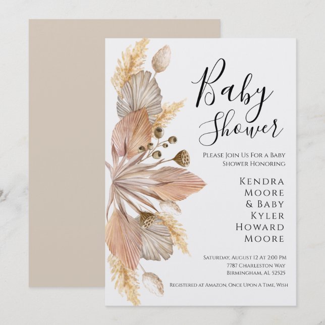 Boho Pompas Grass Baby Shower Invitation (Front/Back)