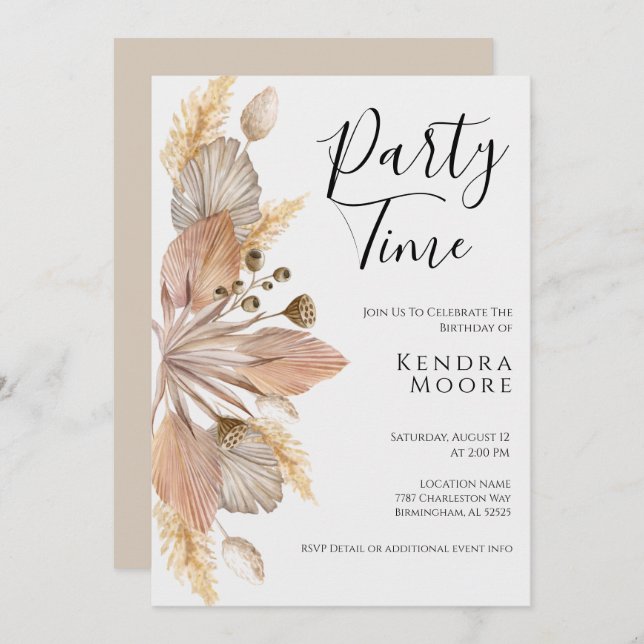 Boho Pompas Grass Birthday Invitation For Any Age (Front/Back)