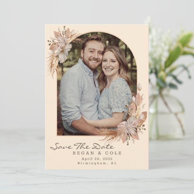 Boho Pompas Grass Save The Date Wedding Card (Standing Front)