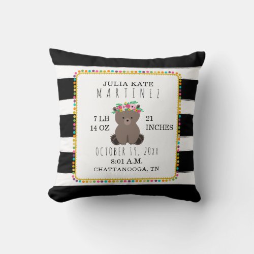 Boho Pompom Stripe Bear Baby Girl Birth Stats Throw Pillow