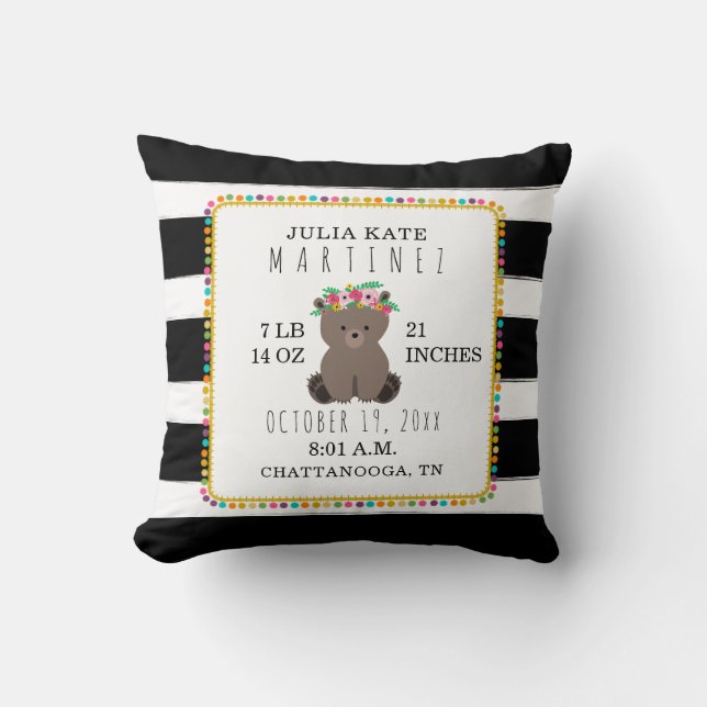 Boho Pompom Stripe Bear Baby Girl Birth Stats Throw Pillow (Front)