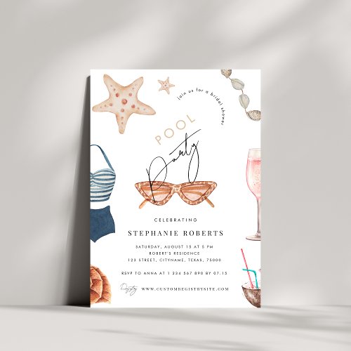 Boho Pool Party Chic Script Summer Bridal Shower Invitation