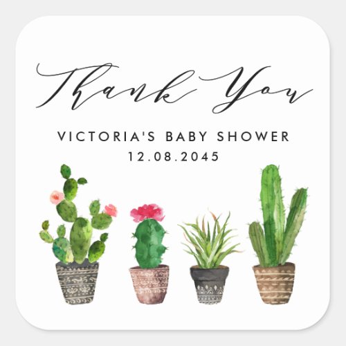 Boho Potted Cactus Baby Shower Thank You Square Sticker