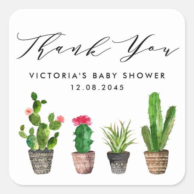 Boho Potted Cactus Baby Shower Thank You Square Sticker (Front)