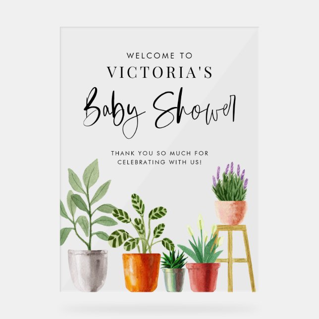 Boho Potted Houseplants Baby Shower Welcome Acrylic Sign (Front)