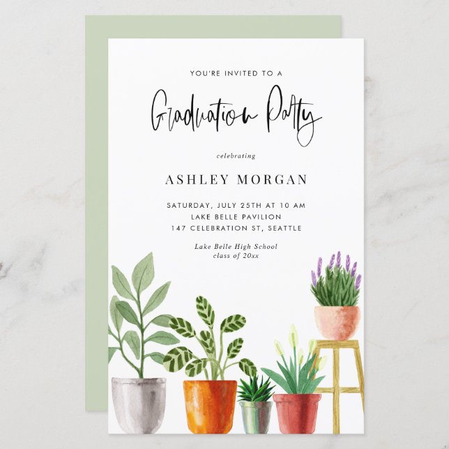 Boho Potted Houseplants Graduation Invitation (Front/Back)
