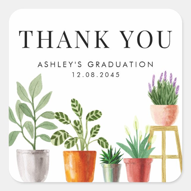 Boho Potted Houseplants Graduation Thank You Square Sticker (Front)