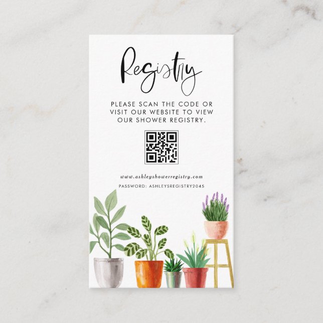 Boho Potted Houseplants QR Baby Shower Registry Enclosure Card (Front)