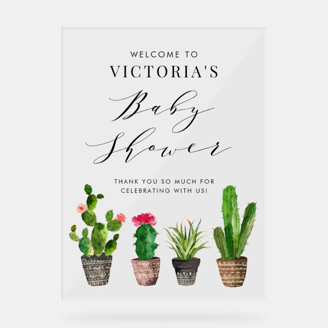 Boho Potted Succulents and Cactus Baby Shower Acrylic Sign (Front)