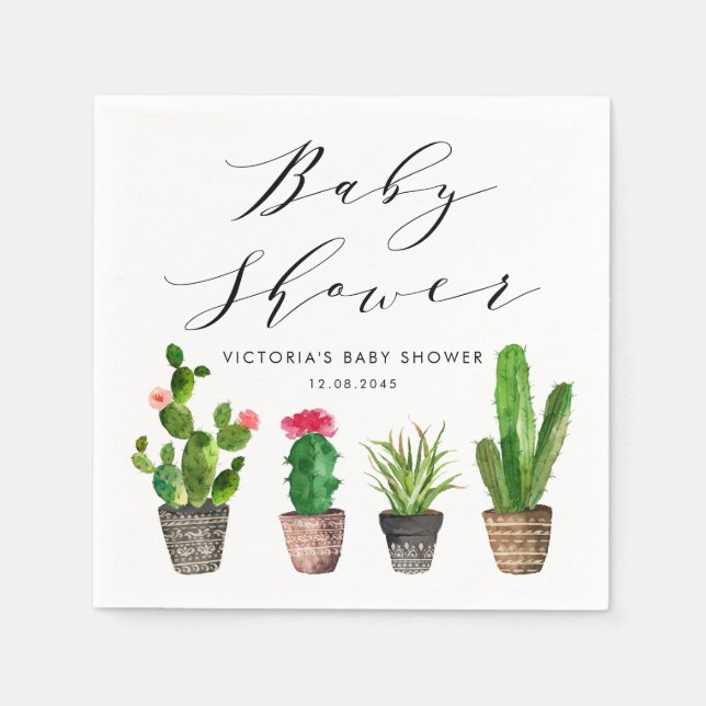 Boho Potted Succulents and Cactus Baby Shower Napkins (Front)