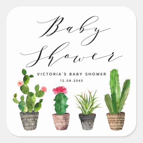 Boho Potted Succulents and Cactus Baby Shower Square Sticker