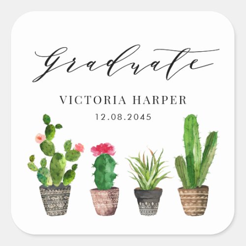 Boho Potted Succulents and Cactus Graduation Square Sticker