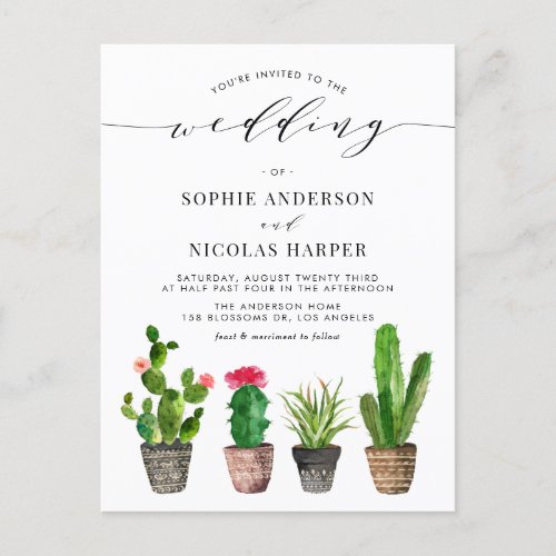 Boho Potted Succulents and Cactus Summer Wedding Invitation Postcard